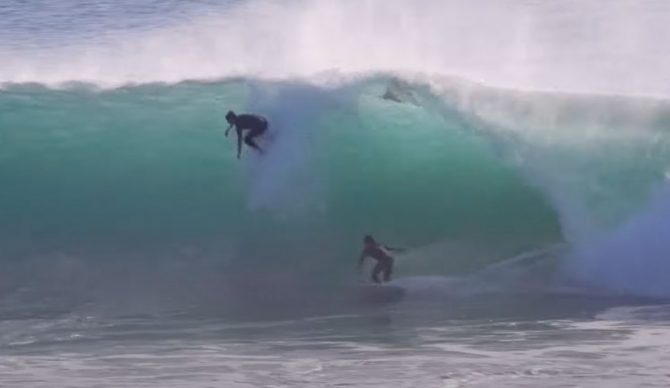 Kirra Point surfers on the same wave
