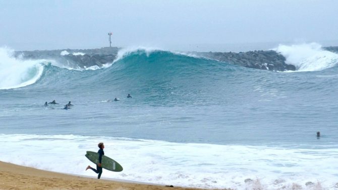 Hurricane Narda surfers at the Wedge in Newport Beach
