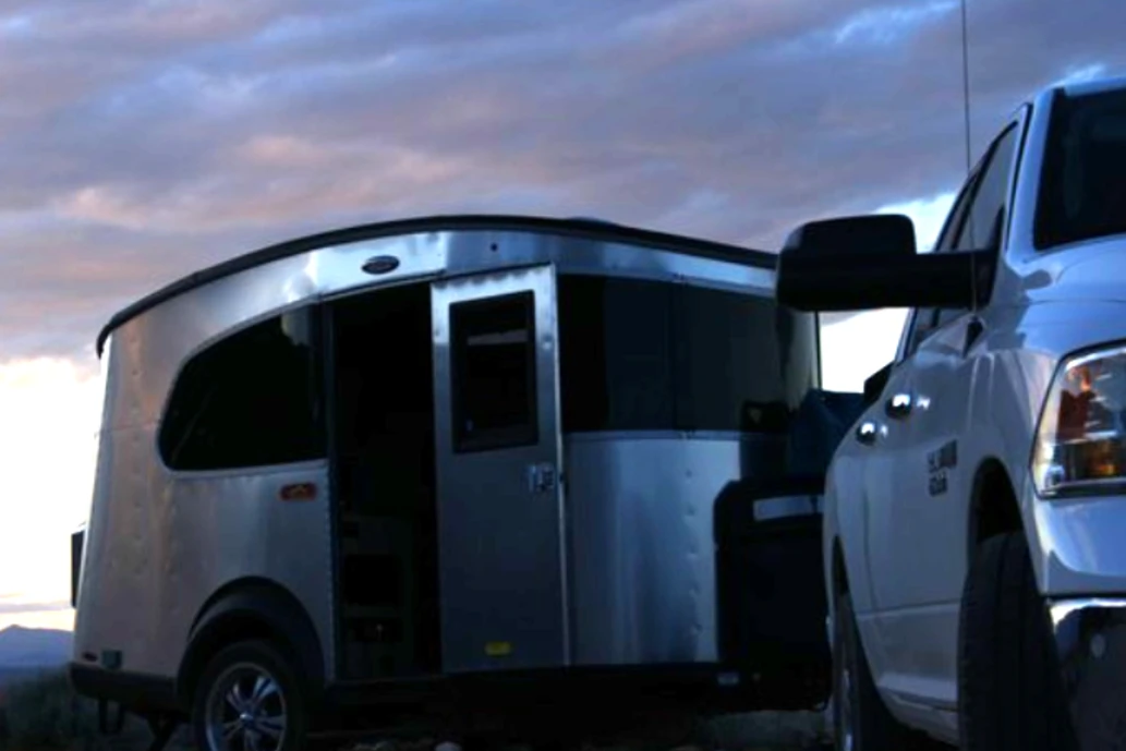 A close-up photo of a teardrop travel trailer