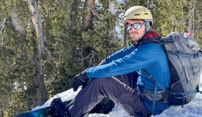 Dylan wearing the Smith Summit helmet backcountry snowboarding