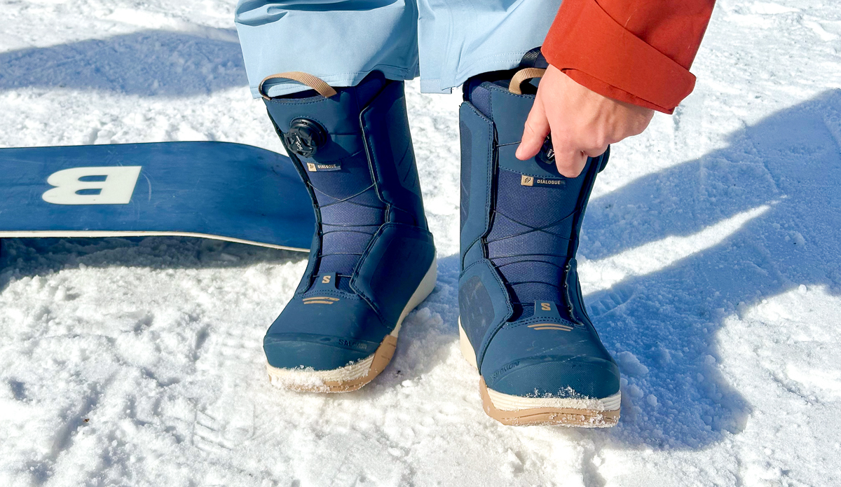 tightening the BOA on snowboard boots