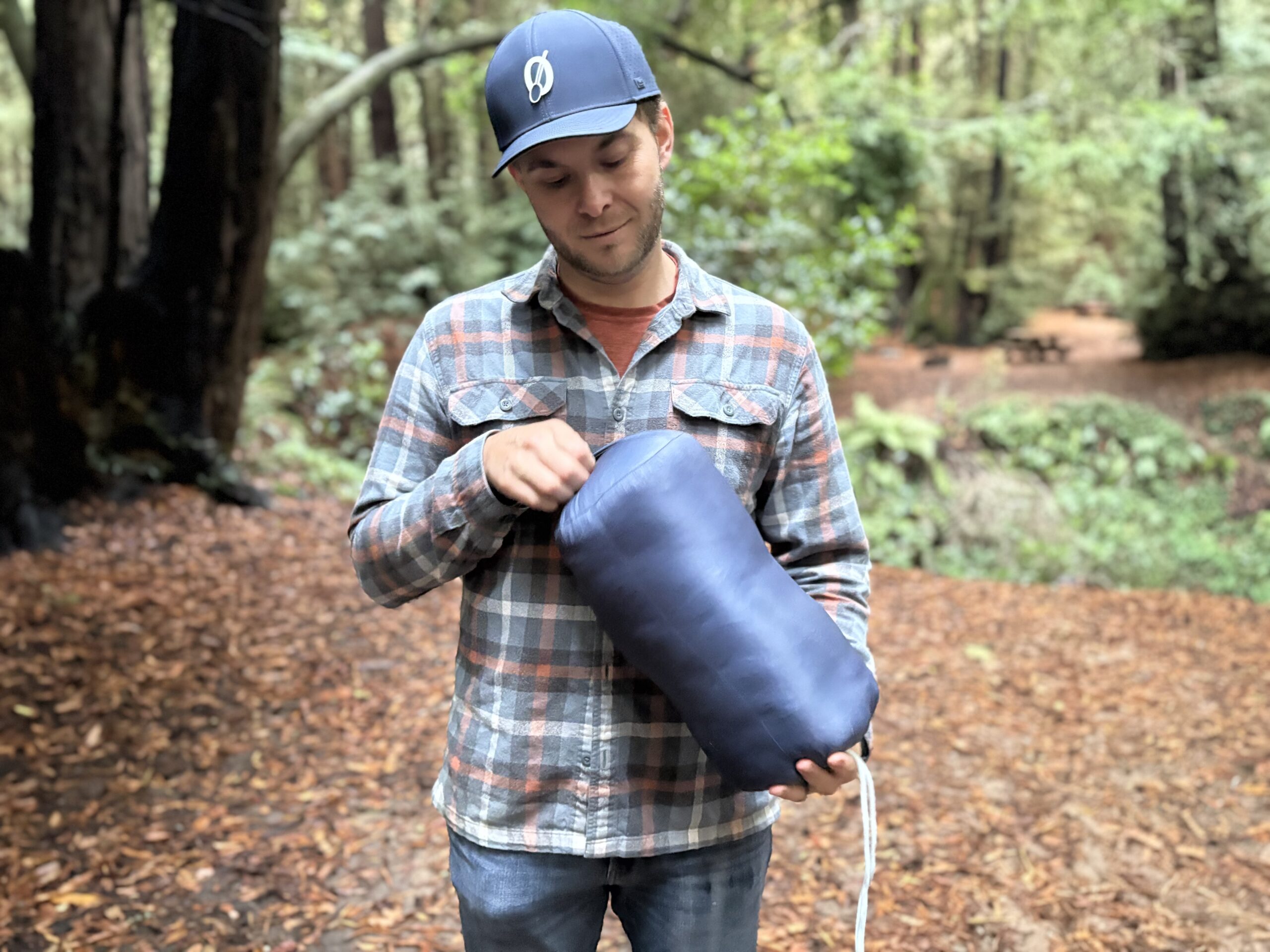 a sleeping bag packed up