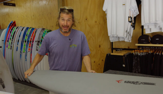 Mark Occhilupo with a Bull Run surfboard