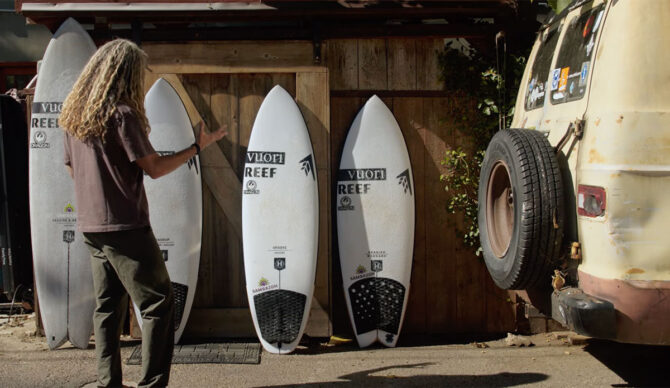 Rob Machado explaining his winter surfboards