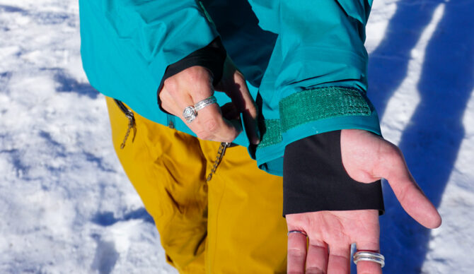 wrist gaiters on the norrona lofoten pro ski jacket