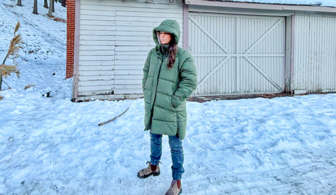 wearing the REI Co-op women's campwell down parka