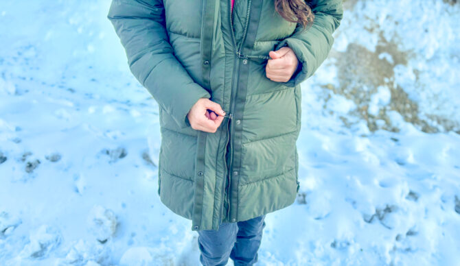 double front zipper on the REI Campwell Down Parka 