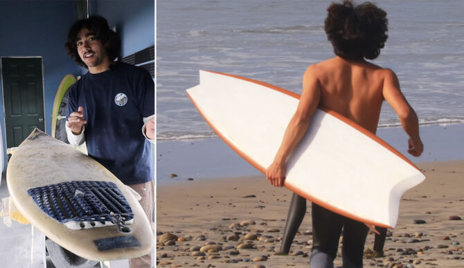 Zack Flores with an old thruster surfboard and a new Ryan Burch-inspired Pickle Fork