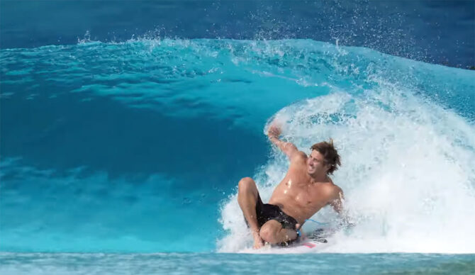 Clay Marzo surfing a backside barrel at the Wavegarden in Spain