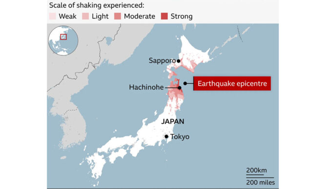 Japanese earthquake map showing severity of earthquake