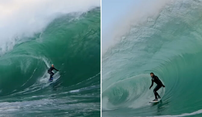 Nate Florence and Kai Lenny surfing Irish slab wave Riley's