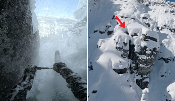Parkin Costain skiing through a chimney in a mountain
