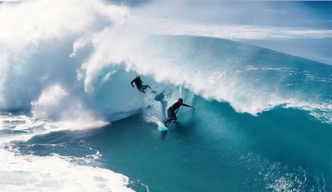 Two surfers in a barrel at Pipeline on a day that Koa Rothman called dangerous