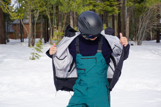 showing off the pocket layout of the trewth bib 