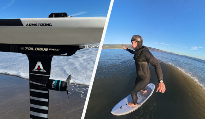 Bowen Foiling on the Foil Drive Fusion split image with a close up 