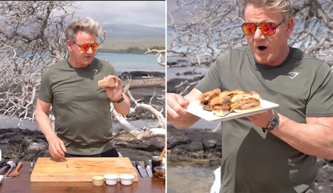 Gordon Ramsay making a Spam sandwich on a beach in Hawaii