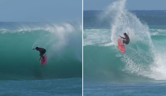 Mikey February surfing a Channel Islands Twin Pin on the North Shore of Oahu, Hawaii.