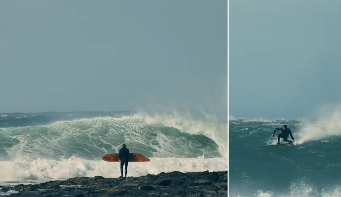 Remi Peterson standing at J-Bay with an alaia