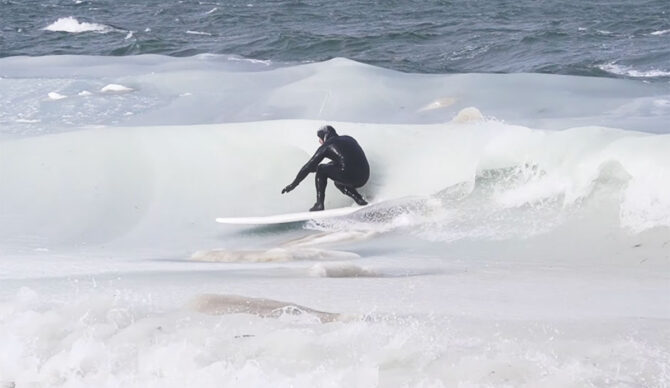 Ben Gravy surfing slushy waves in Montauk, New York