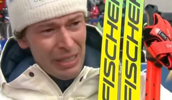 Olympic medalist Sturla Holm Lægreid crying in an interview confessing to cheating on his girlfriend