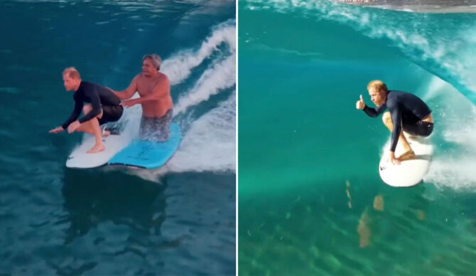 Prince Harry getting barrelled at the Surf Ranch