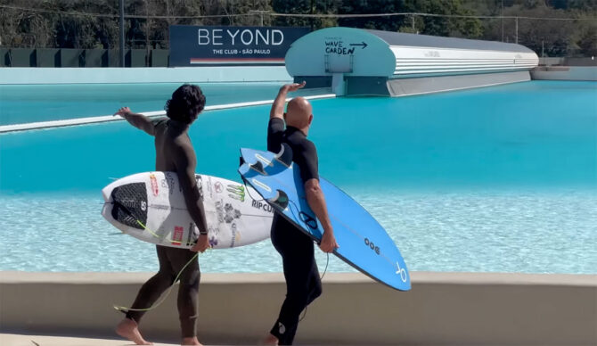 Kelly Slater and Gabriel Medina walking at Beyond the Club Sao Paolo