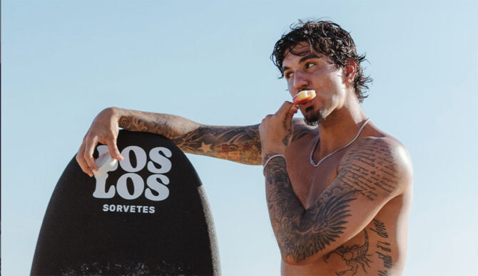 Gabriel Medina eating Los Los bar on a beach in Brazil