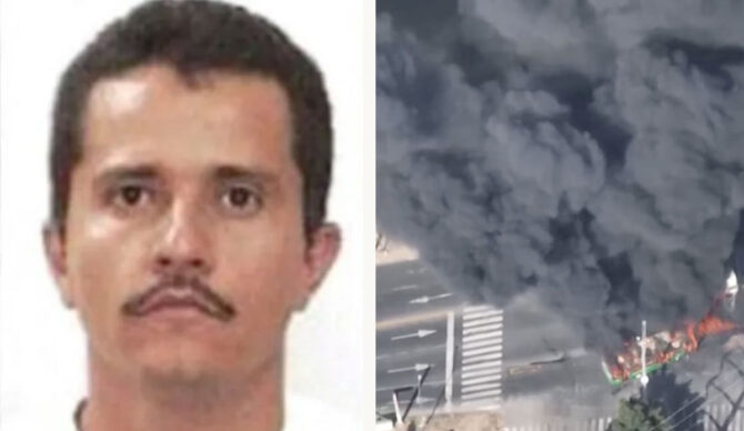 Cartel kingpin El Mencho mugshot and burning vehicle in Mexico