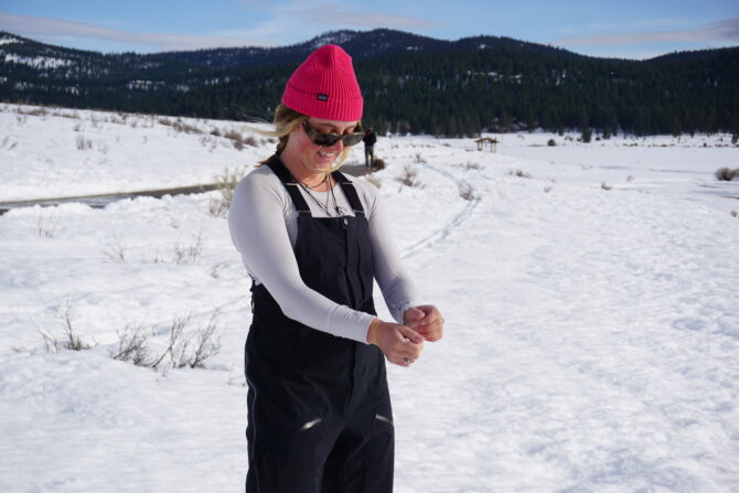 Amy in the black diamond recon stretch bibs