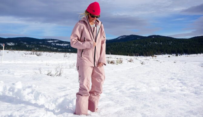Amy in the arc'teryx sentinel jacket in pink