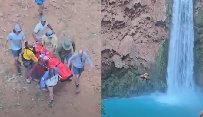 The man was airlifted to safety with the Mooney Falls in the background. Photo: Matthew Putesoysr // Facebook