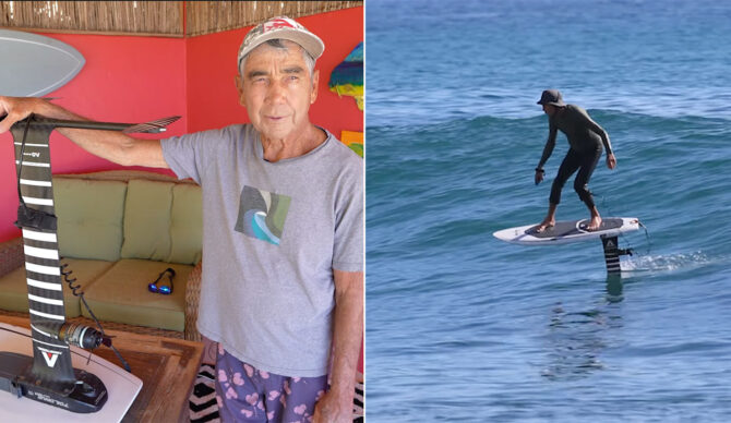 Gerry Lopez with his NSP Pelican foil board