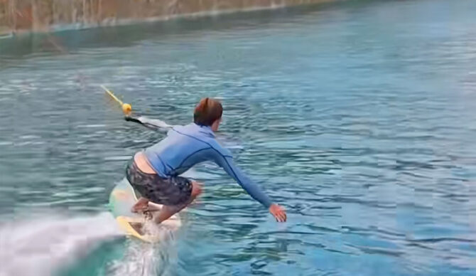 Lucas Fink testing what is possible in a wave pool when you tow at the waves.