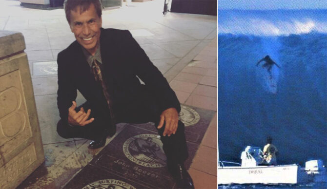 Reno Abillera at the Surfing Walk of Fame and surfing at Sunset Beach