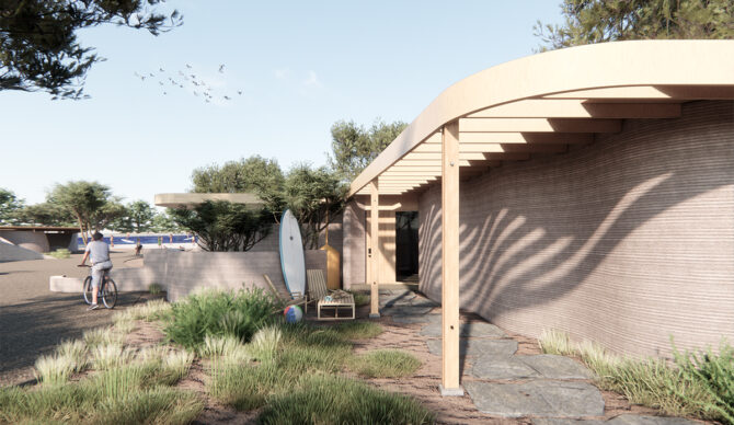 A rendering of one of The Desperados 3D printed homes. Photo: Waco Surf
