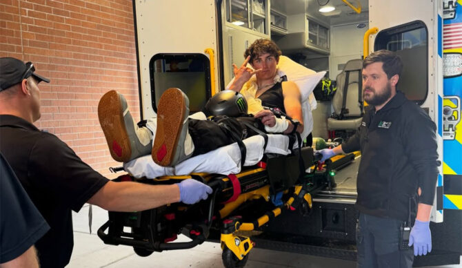 Colin Frans getting sent to the hospital, seemingly unphased by having his wrist sliced open. Photo: Colin Frans