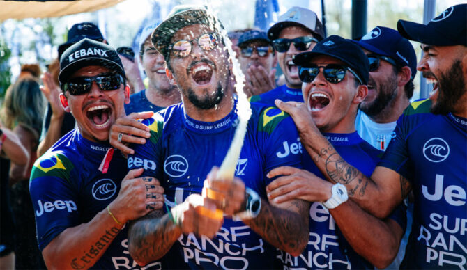 Filipe Toledo celebrating after winning the Surf Ranch Pro