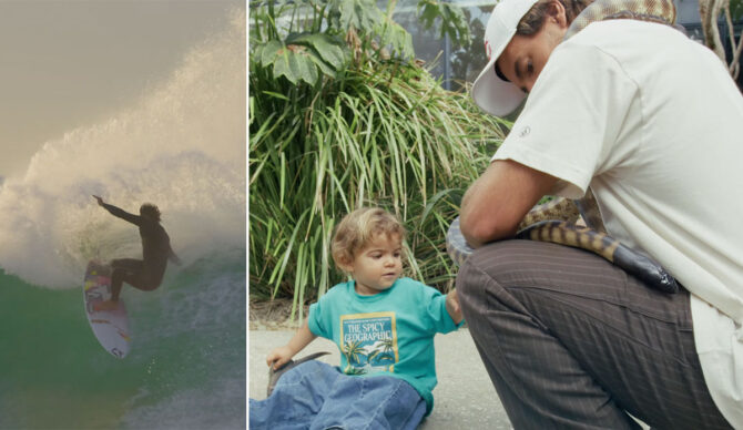 Jack Robinson surfing and hold a snake in front of his child