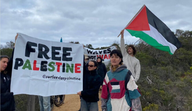 Protesters from Surfers for Palestine at Bells Beach