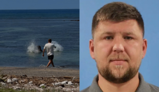 man throwing rock at Monk seal