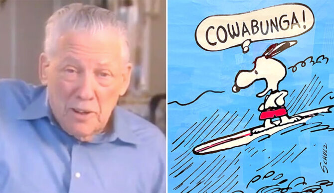 Cowabunga being said by Snoopy with creator of the word Eddie Kean