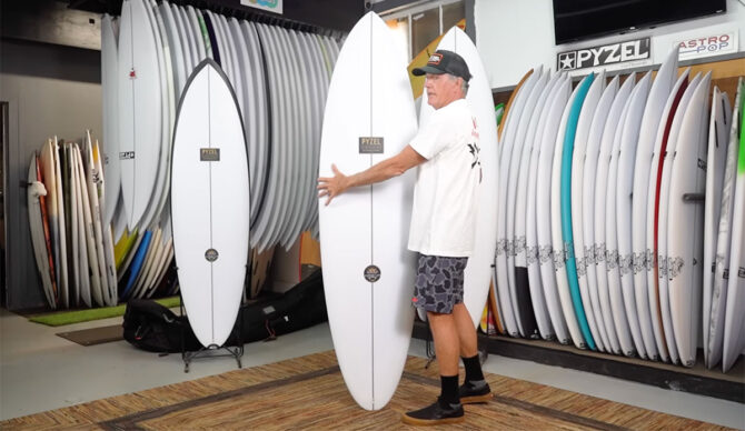Jon Pyzel explaining the Score Lord surfboard