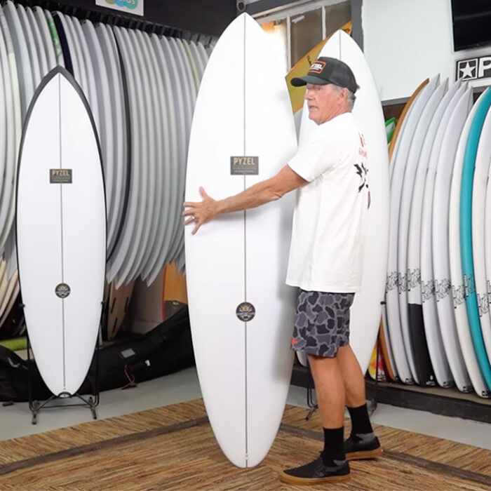 Jon Pyzel explaining the Score Lord surfboard
