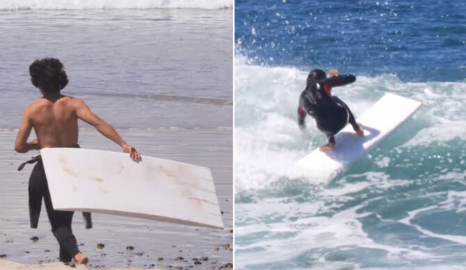 Zack Flores using a piece of foam to surf on