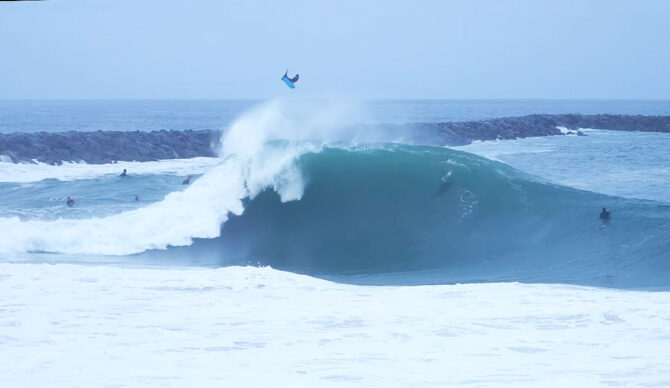 bodyboarder doing a backflip at the Wedge