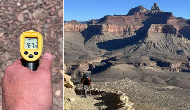 Grand Canyon National Park with hikers and thermometer