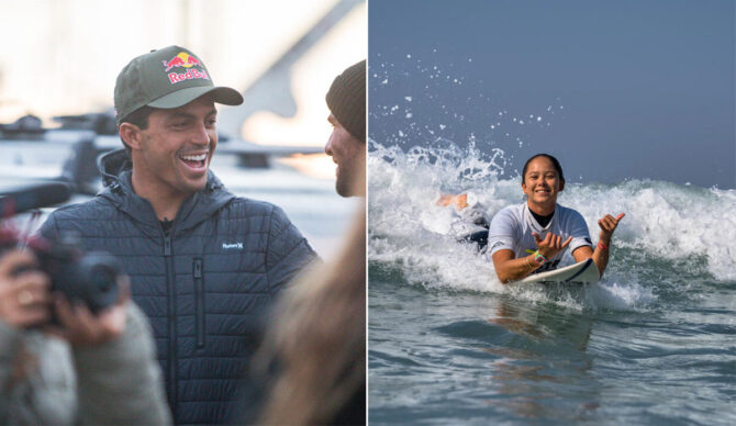 Kai Lenny and Bettylou Sakura Johnson surfing