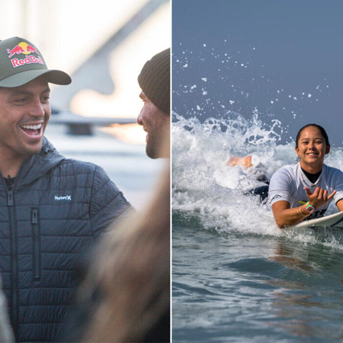 Kai Lenny and Bettylou Sakura Johnson surfing
