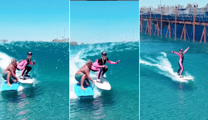 Paris Hilton surfing at the Surf Ranch
