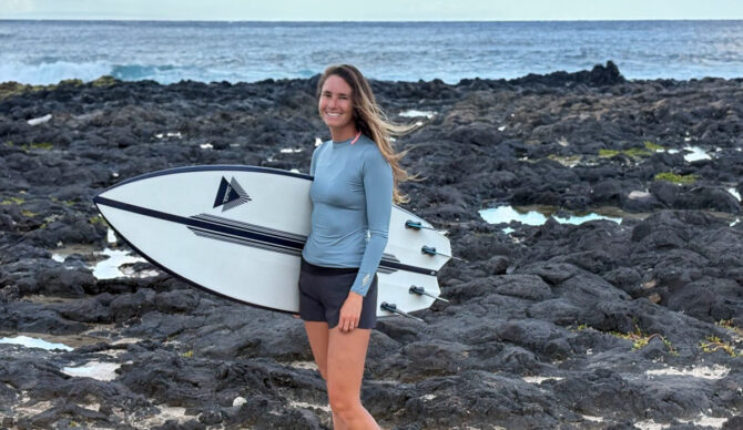 Rebecca wearing the patagonia swell seeker rash guard